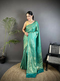 Rama Green Soft Satin Silk Banarasi Saree with floral and paisley patterns