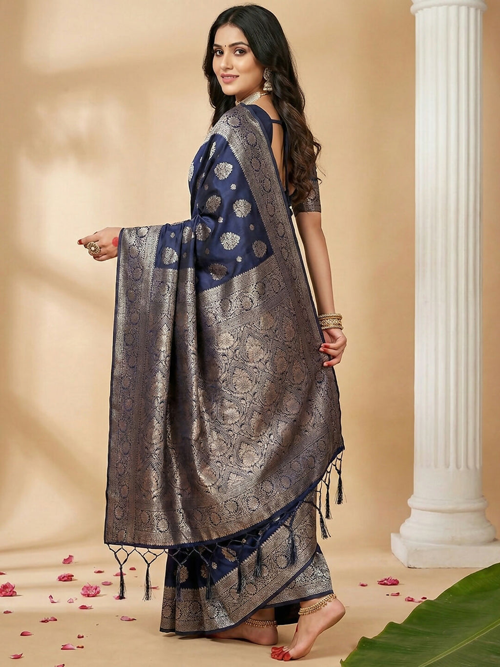 Navy Blue Silk Blend Saree with Matching Blouse Piece