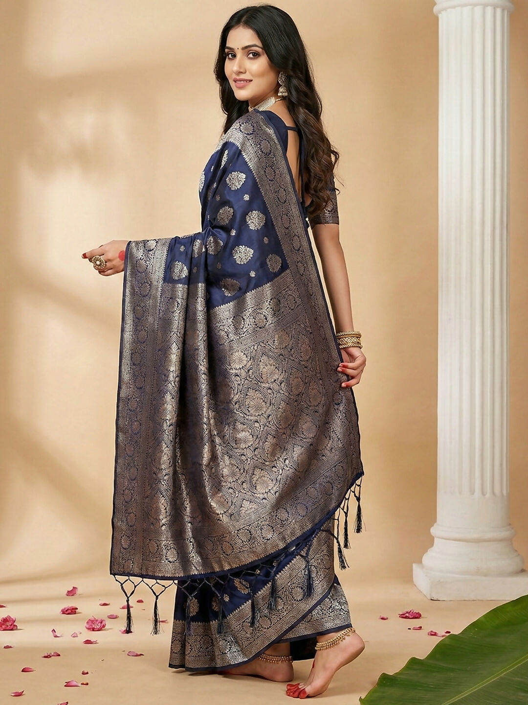 Navy Blue Silk Blend Saree with Matching Blouse Piece