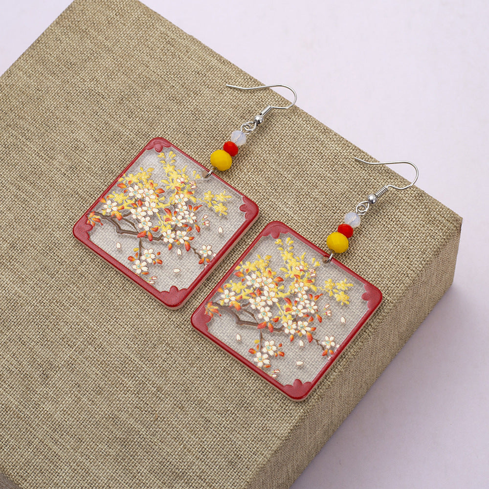 Designer Geometric Square Womens Branch And Flower Transparent Acrylic Earrings