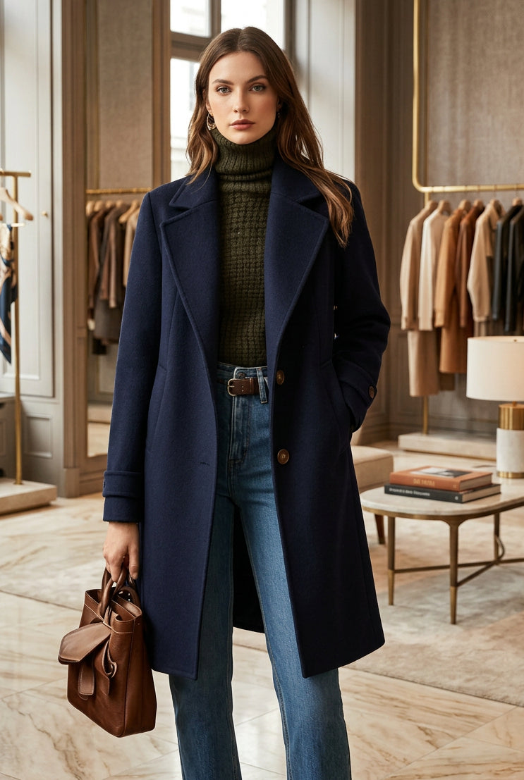 Women's Button-Front Mid-Length Lapel Coat