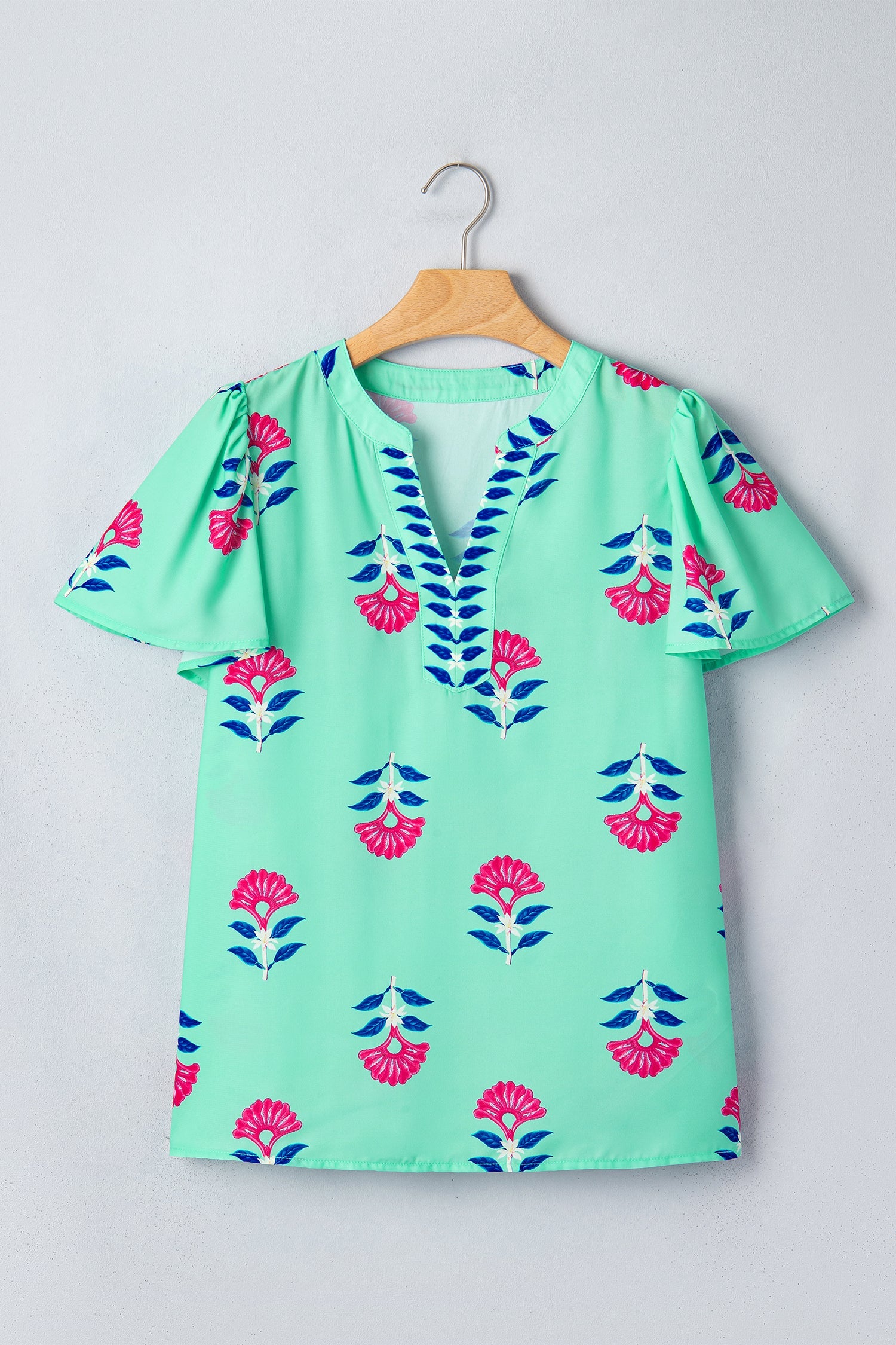 Floral Flutter Short Sleeve V-Neck Blouse in Mint Pink Navy
