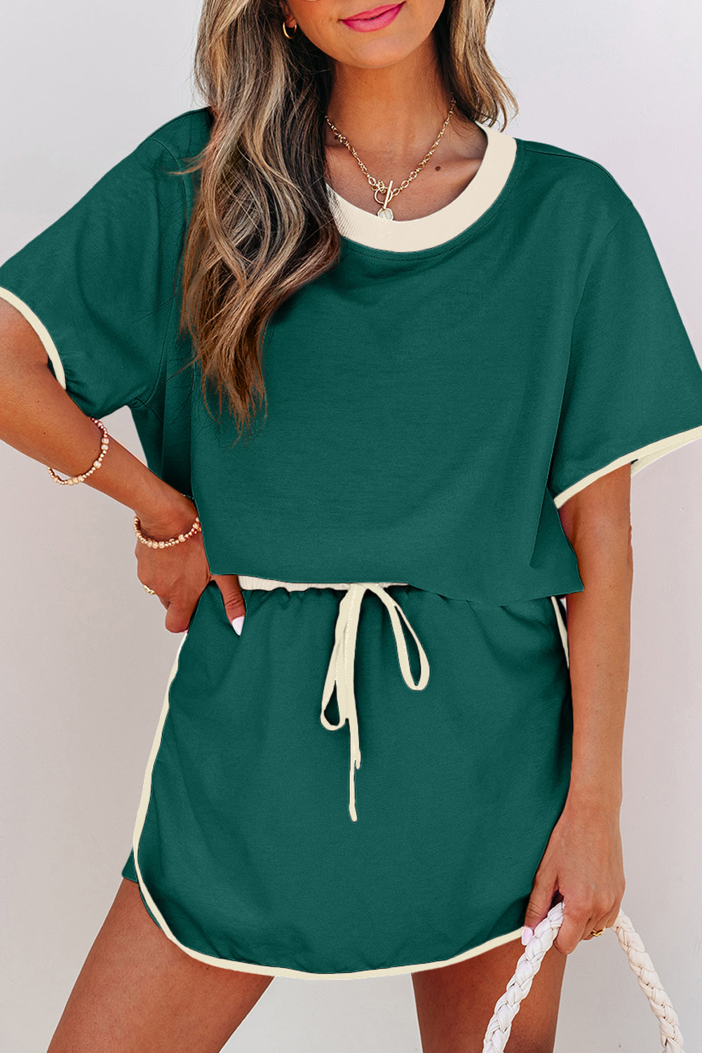 Evergreen Colorblock Drop Shoulder T-Shirt & Skort Set