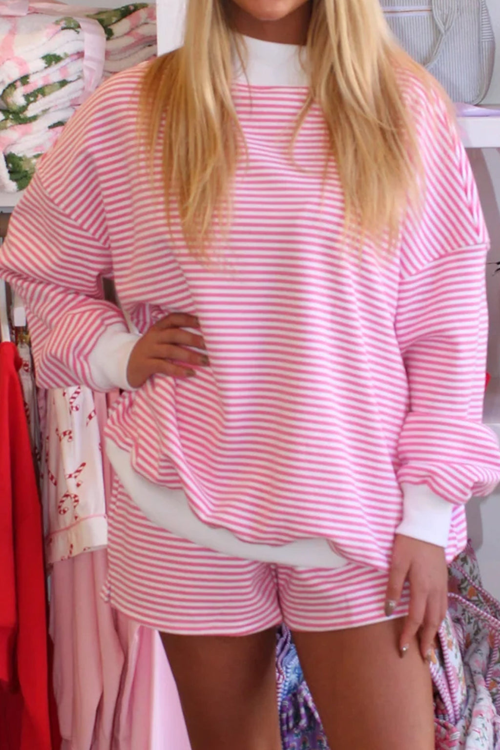 Pink Stripe Oversize Mock Neck Sweatshirt & Shorts Set