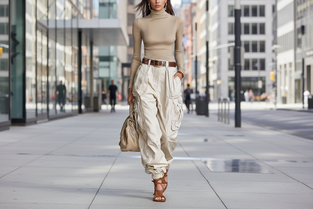 A woman wearing beige high-waist cargo joggers with elastic cuffs paired with a tight-fitting turtleneck.