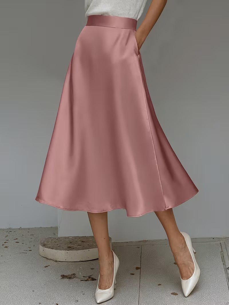 Women's Satin Mid-Length A-Line Skirt – High Rise Pull-On Style