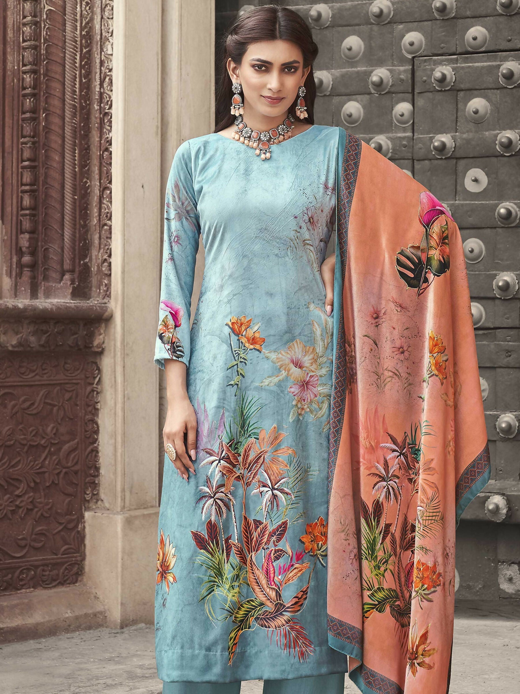 Sky Blue Velvet Floral Digital Printed Kurta with Palazzo Set