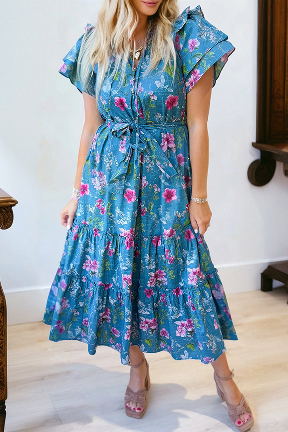 Blue Floral Flutter Sleeve Maxi Dress with Belted Split Neck