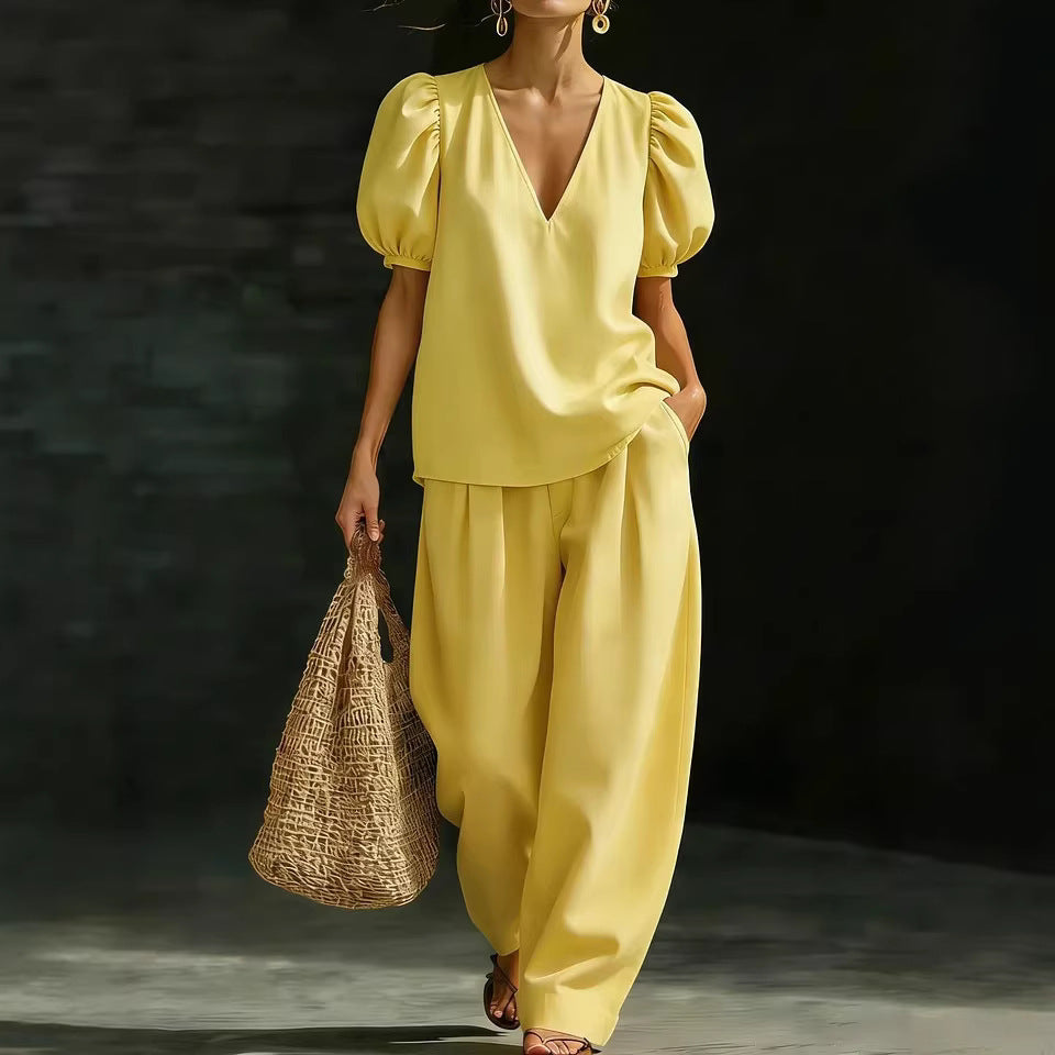 Women's V-Neck Puff Sleeve Top and Wide Leg Trouser Set - Image 2