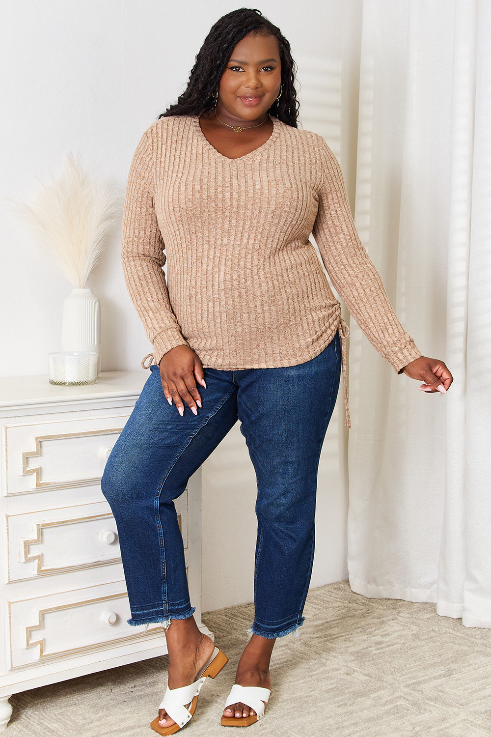 Drawstring Ribbed Long Sleeve T-Shirt | Stretchy Knit Top