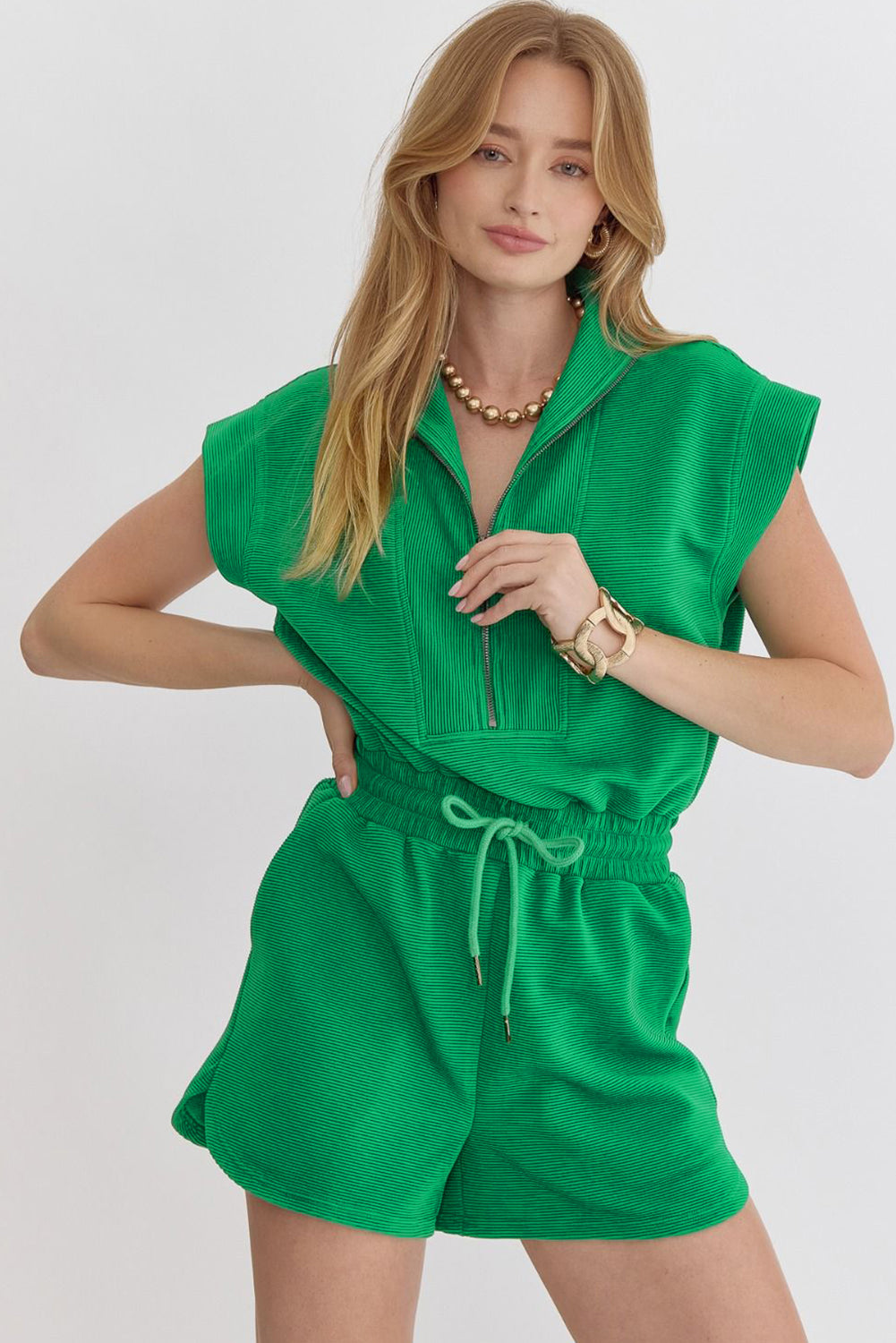 Bright Green Textured Short Sleeve Half Zip Romper