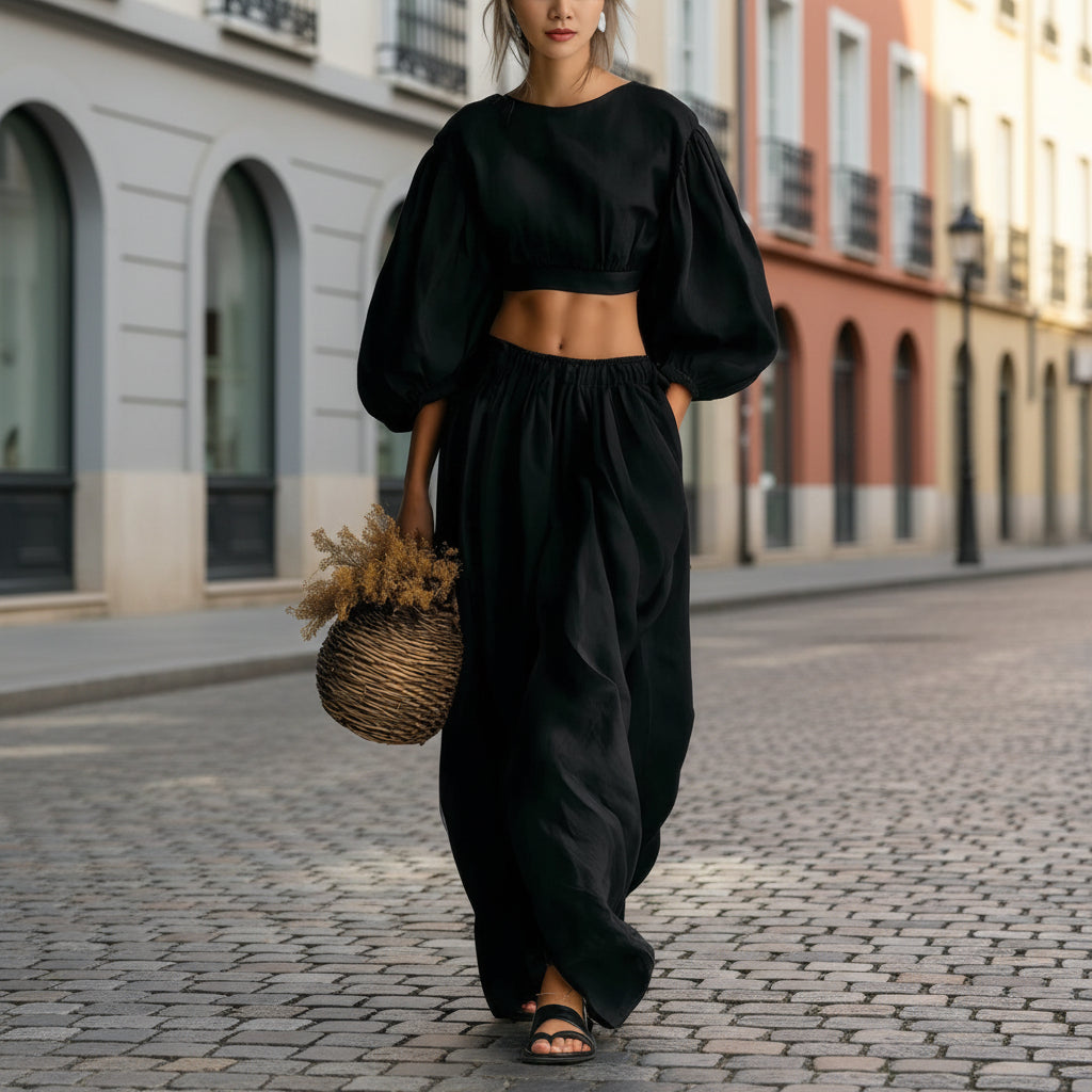 Women's Puff-Sleeve Cropped Two-Piece Set with Pocket Trousers - Image 4