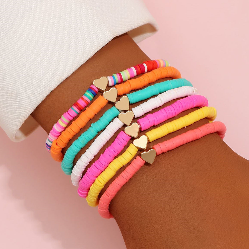 Colorful Heart-Shaped Polymer Clay Beaded Bracelet 7pc Set