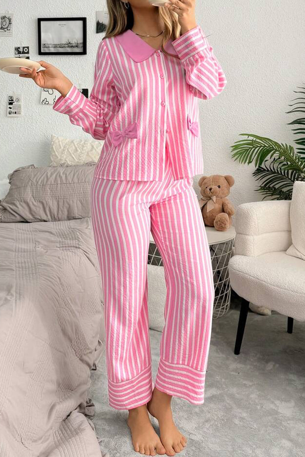 Adora Pink Striped Peter Pan Collar Pajama Set