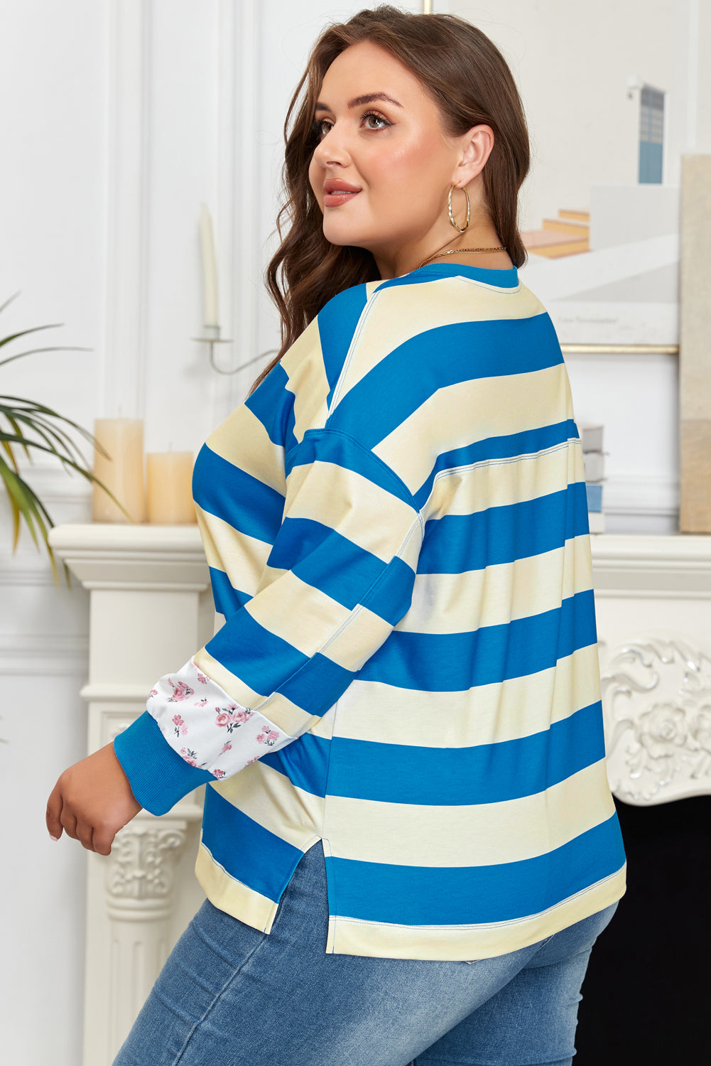 Plus Size Stripe Floral Colorblock Drop Shoulder Top