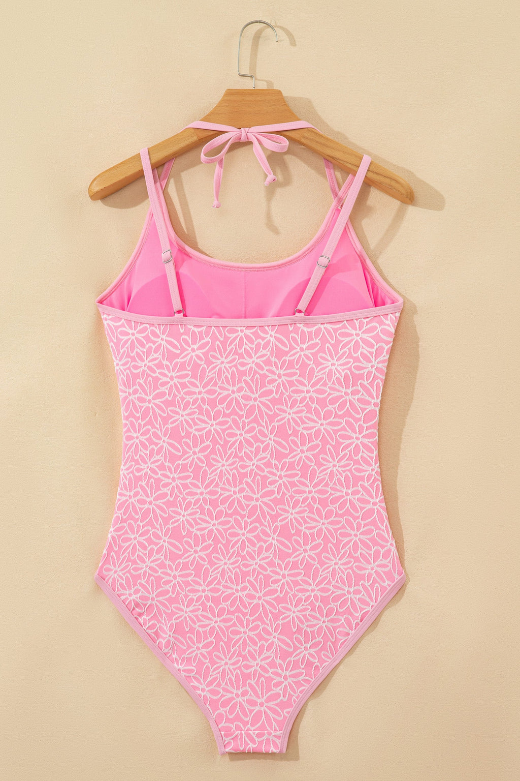 Pink Corded Flower Texture Halterneck One-Piece Swimsuit