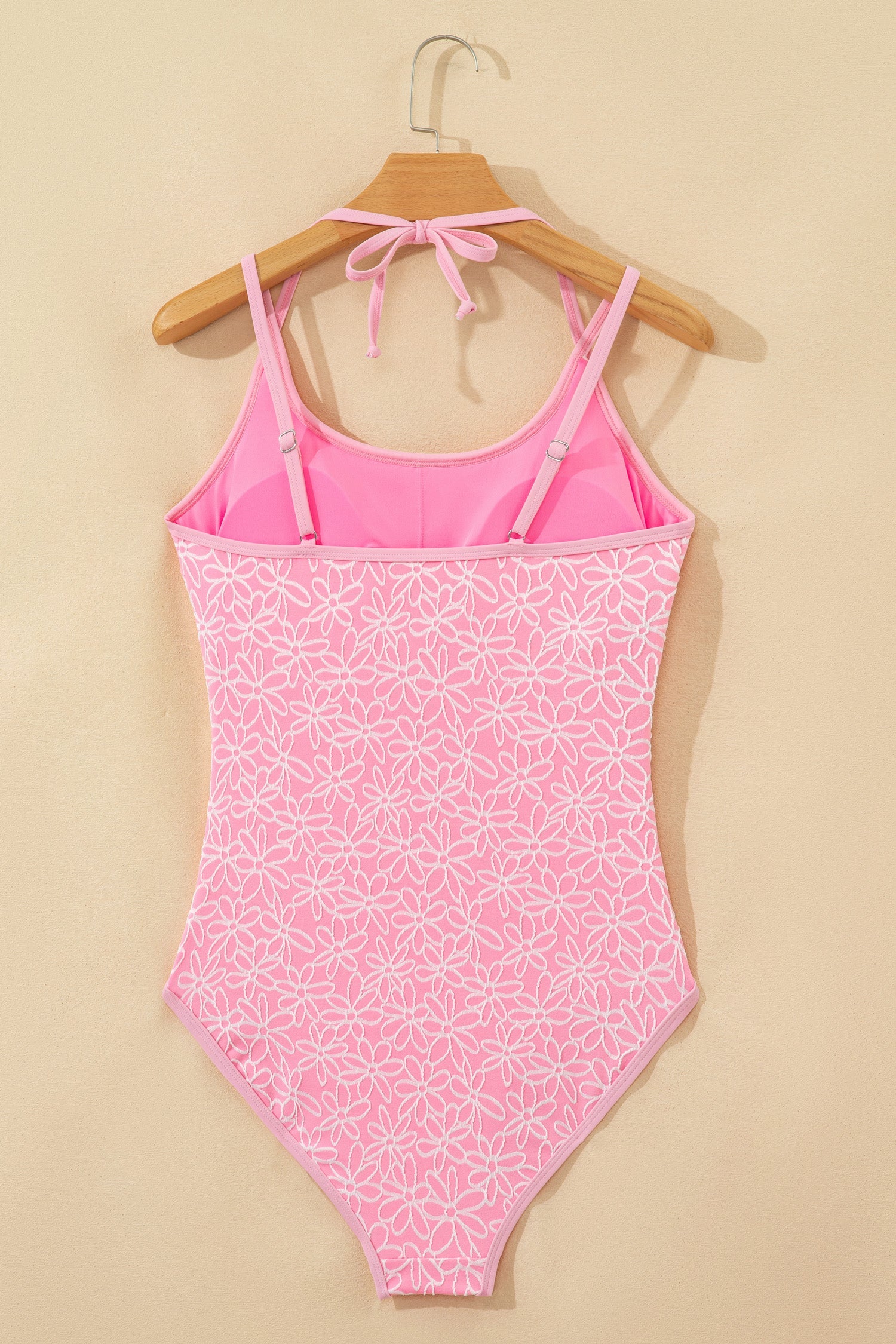 Pink Corded Flower Texture Halterneck One-Piece Swimsuit