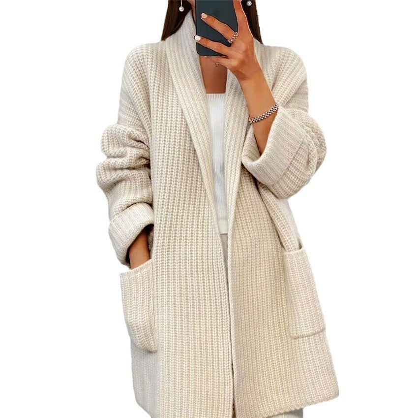 Women's Loose Lapel Knitted Cardigan Sweater Jacket with Pockets