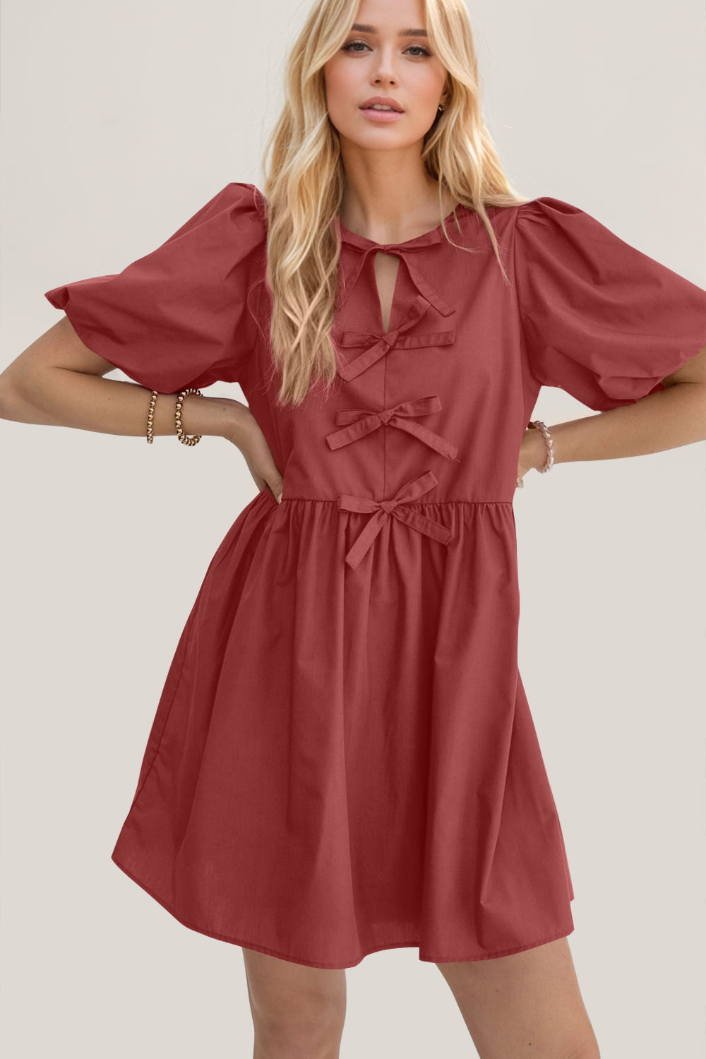 Ruched Puff Sleeve Mini Dress with Bow Detail