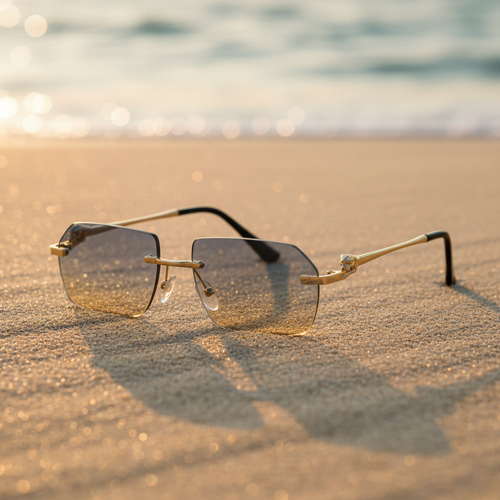 Gold Rimless Cheetah Print Sunglasses Hip-Hop Style Shades