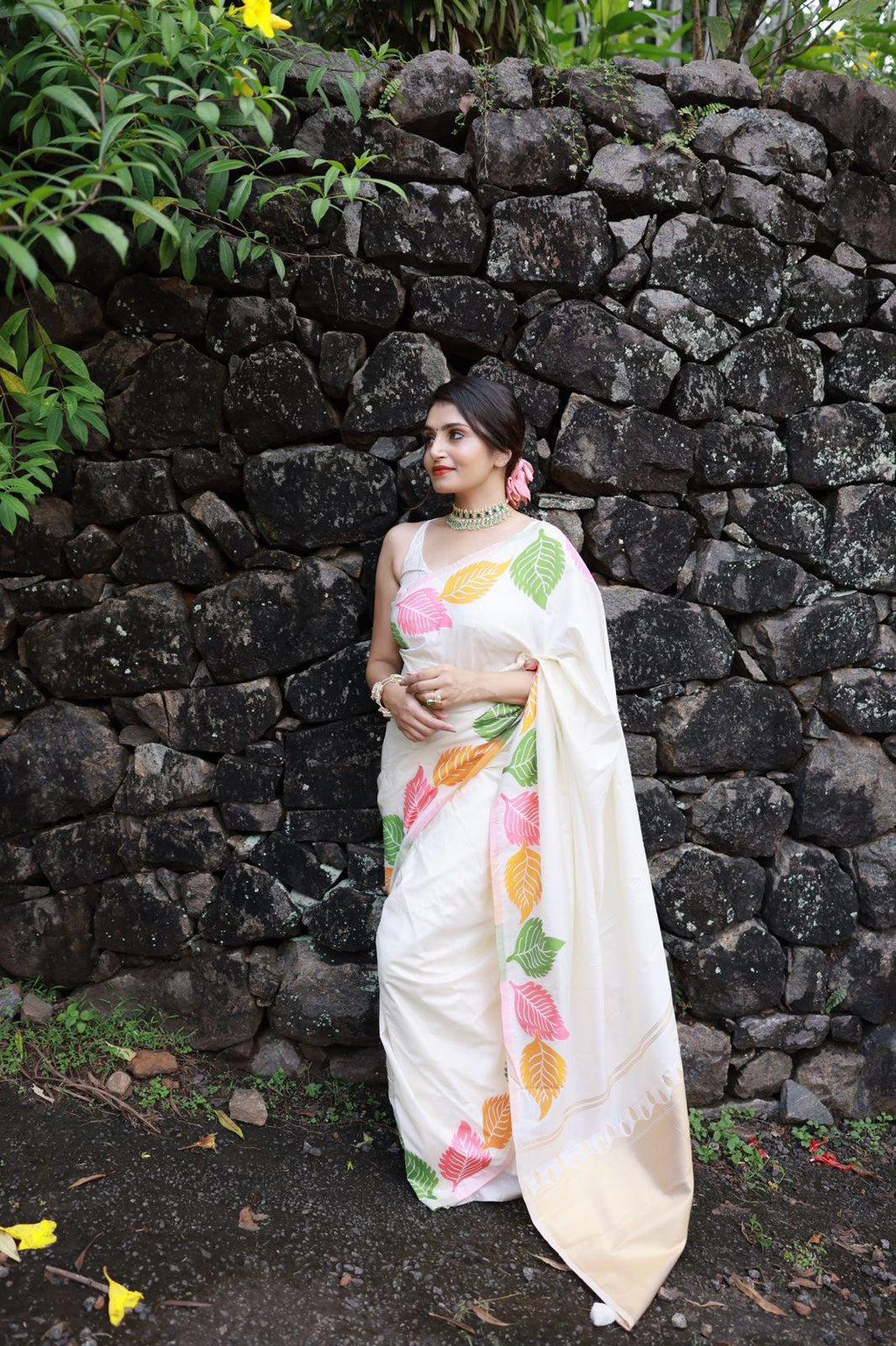 White pure silk saree with multicolour woven leaf design and zari pallu