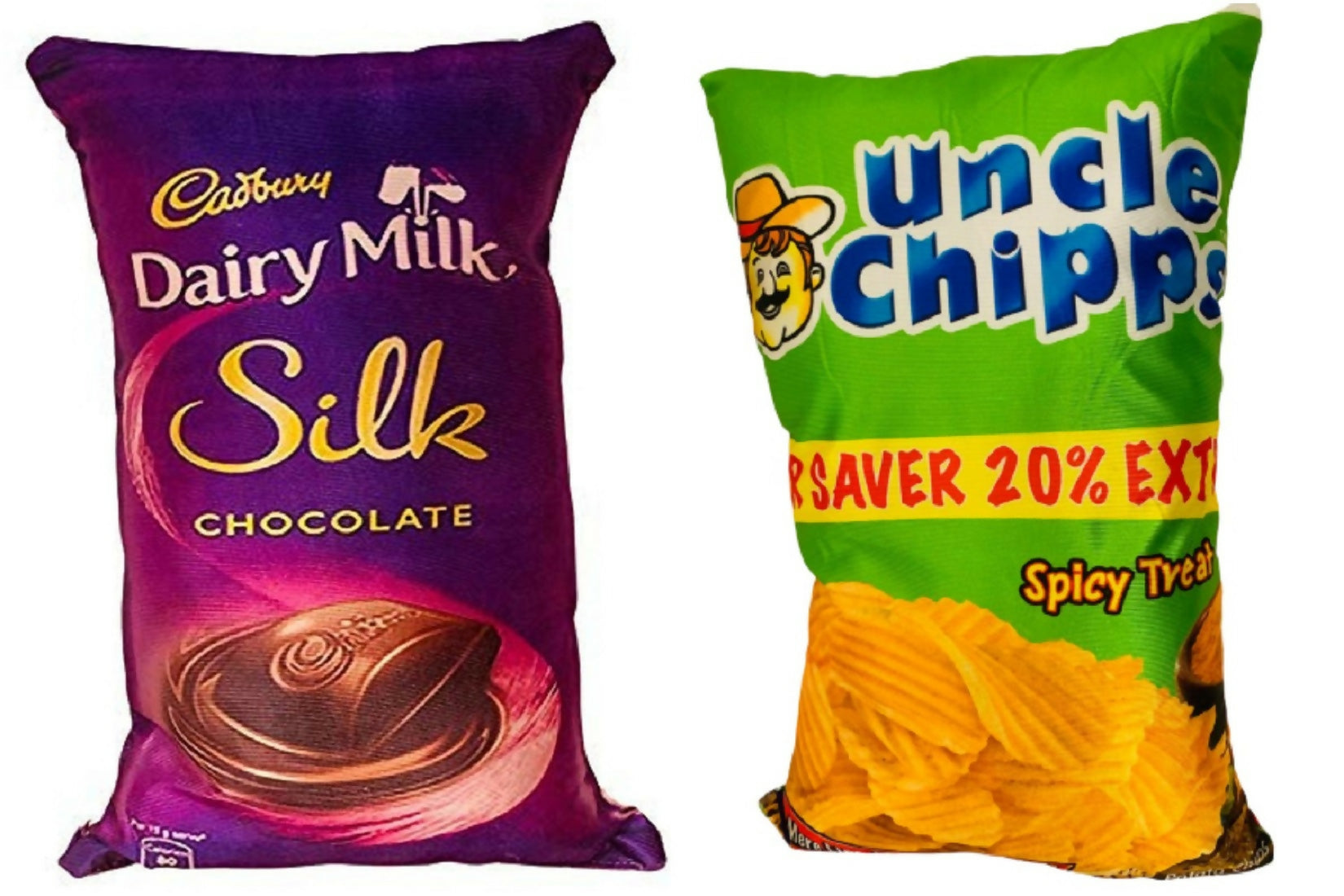 Two reversible kids' throw cushions featuring Dairy Milk Silk and Uncle Chips snack designs.