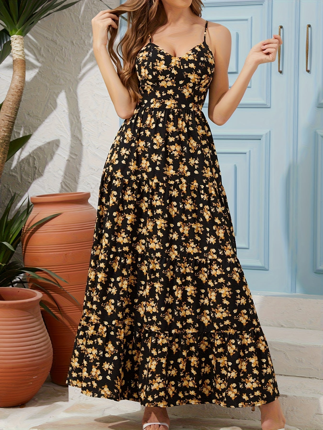 Women's Floral Print Backless Maxi Dress with Bow Detail - Image 2