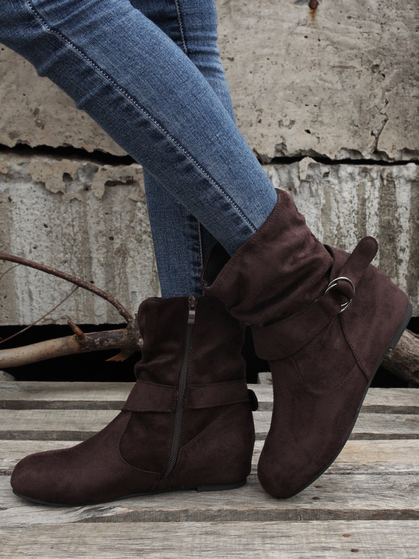 Women's Ankle Boots with Buckle Belt & Side Zip