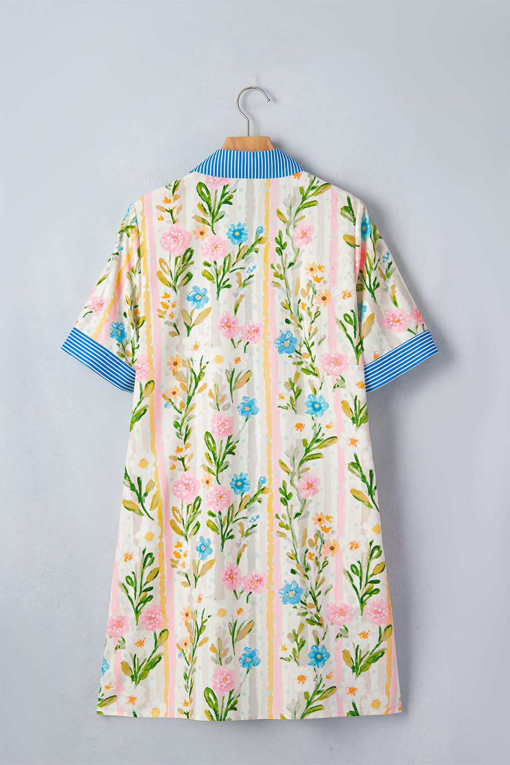 Floral Shift Dress with Stripe Trim and Button Down Front