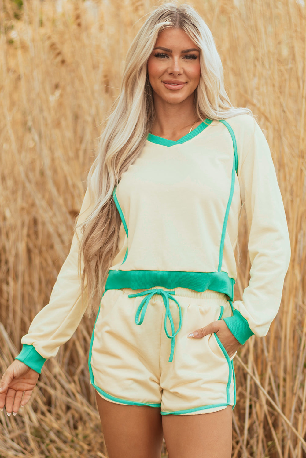 Yellow Long Sleeve Pullover and Drawstring Shorts Lounge Set