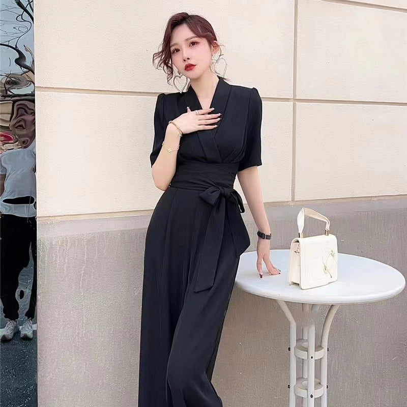 Elegant Wide Leg Jumpsuit - High Waist Slimming Tie-Front V-Neck