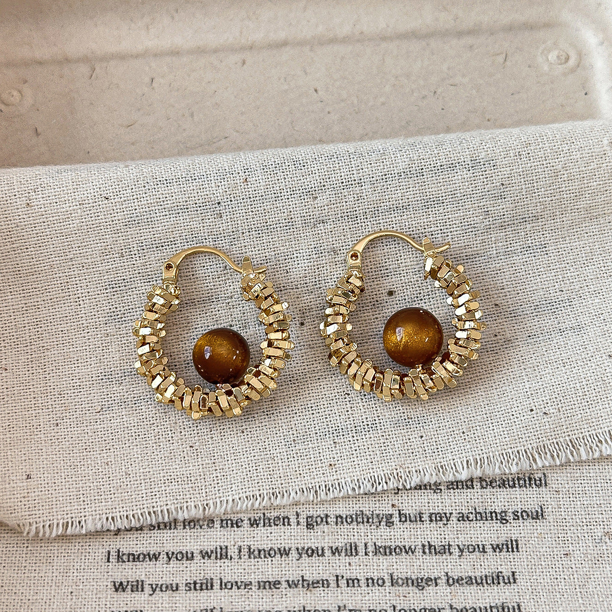 Copper-plated Real-gold Tiny Silver Cat-eye Stone Hoop Earrings Ear Rings And Ear Accessories