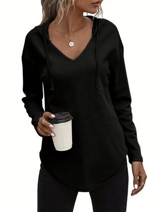 V-Neck Pullover Hoodie with Drawstring Detail in Knit