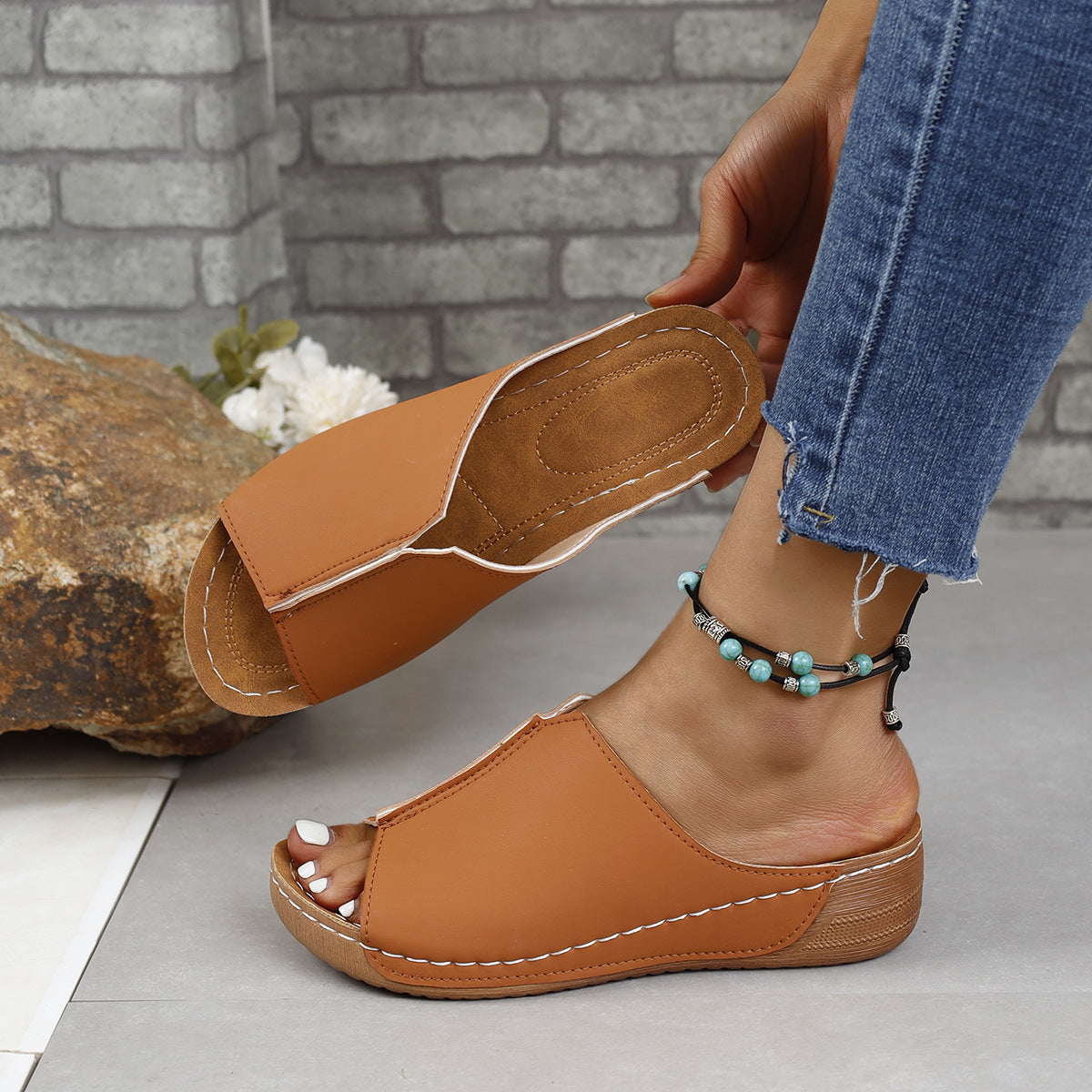 Women's Comfortable PU Leather Open Toe Low Heel Slide Sandals - Image 4