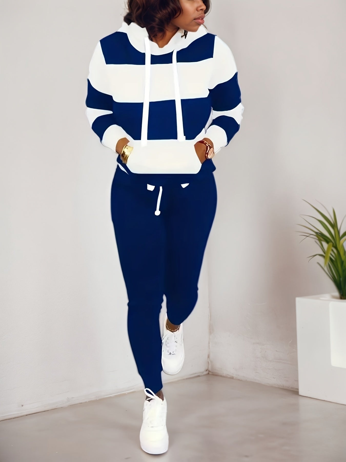 Women's Striped Hooded Sweatshirt and Jogger Two Piece Set