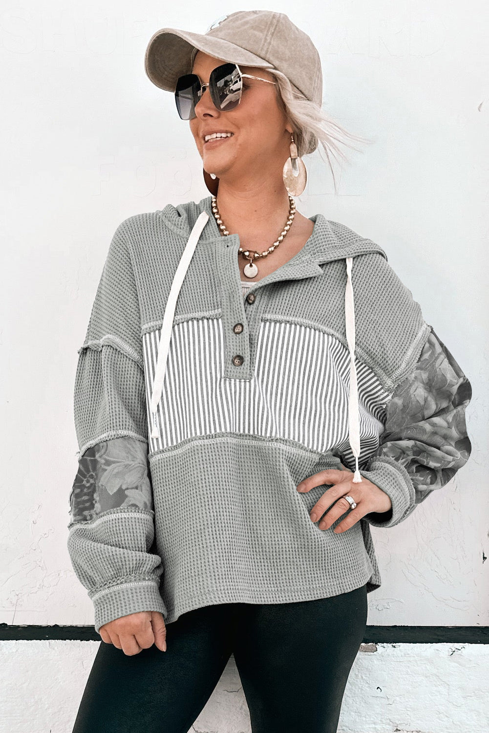 Gray Waffle Patchwork Drawstring Hooded Long Sleeve Top