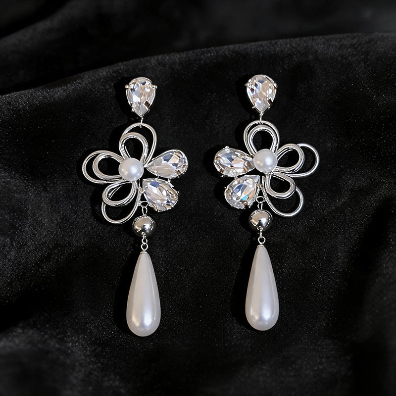 Women French Retro Exaggerated Cubic Zirconia Tassel Pearl Dangle Stud Earrings,Vintage Style Versatile Fashion Statement Jewelry For Party Occasion