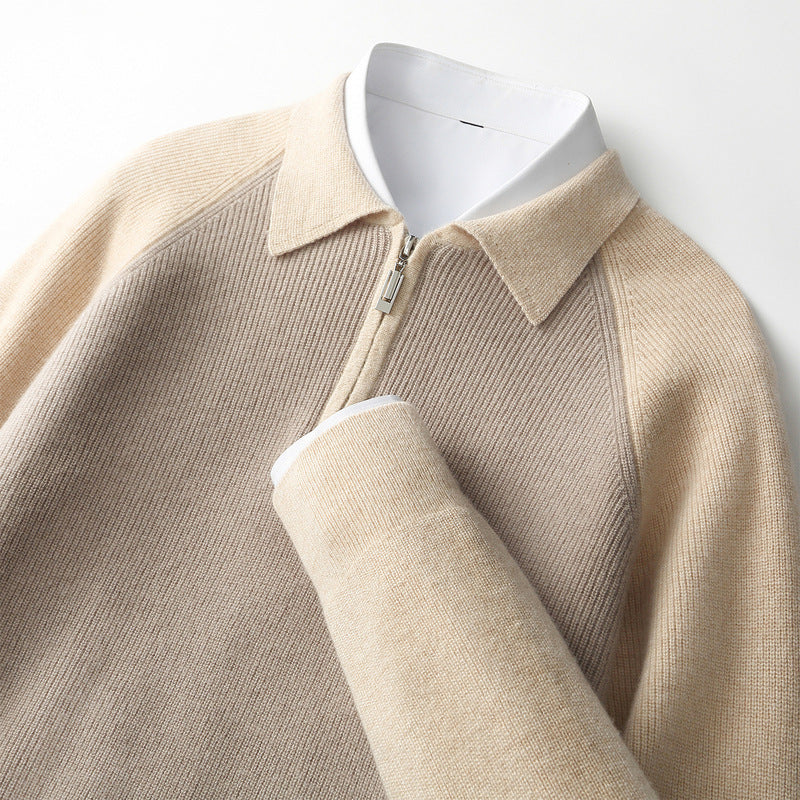 Men's Half Zipper Contrast Lapel Pullover Sweater in Wheat Camel