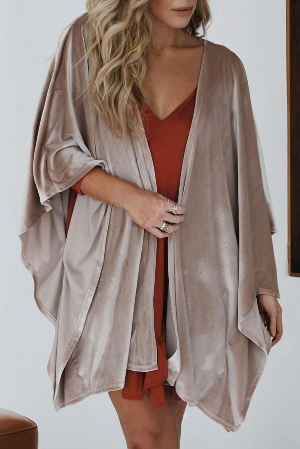 Velvet 3/4 Sleeve Open Front Kimono