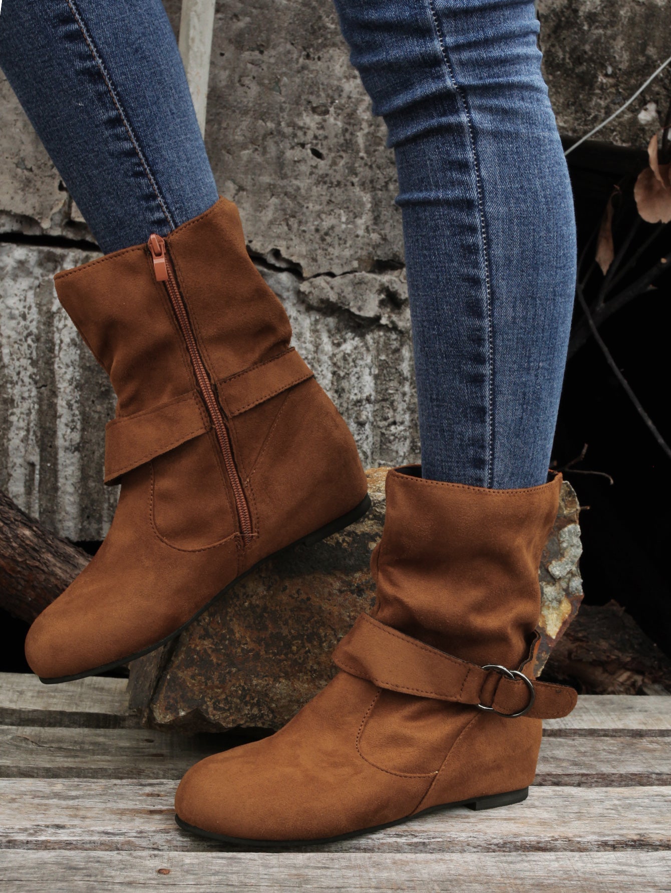 Women's Ankle Boots with Buckle Belt & Side Zip