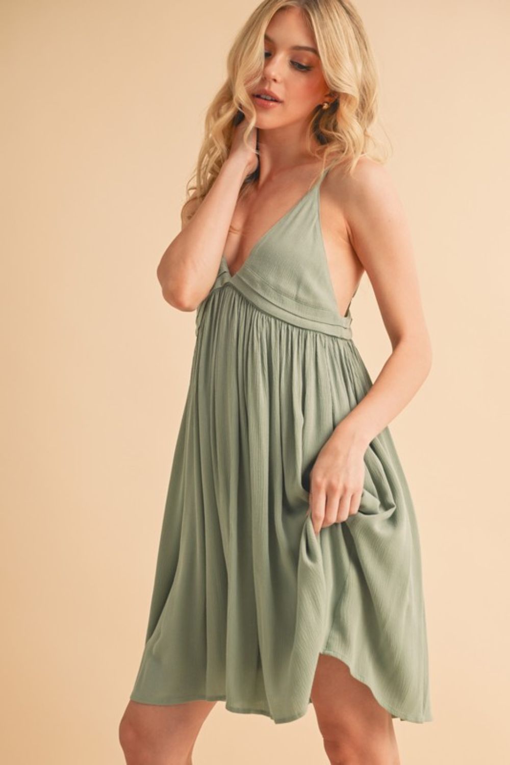 Sage Green Ruched Plunge Mini Cami Dress for Women