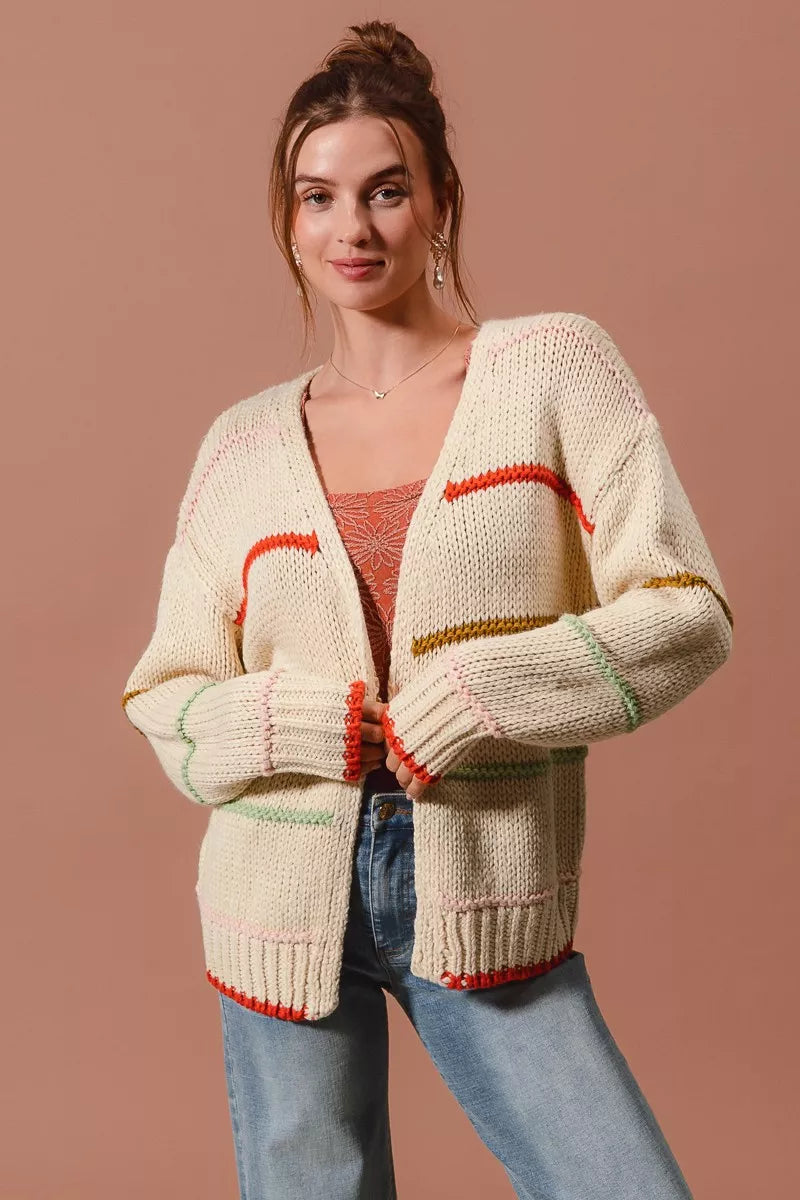 Loose Fit Multi Stripe Open Front Cardigan in Oatmeal