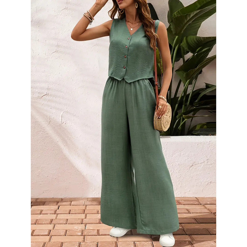 Women’s V-Neck Crop Vest and Wide-Leg Pants Matching Set