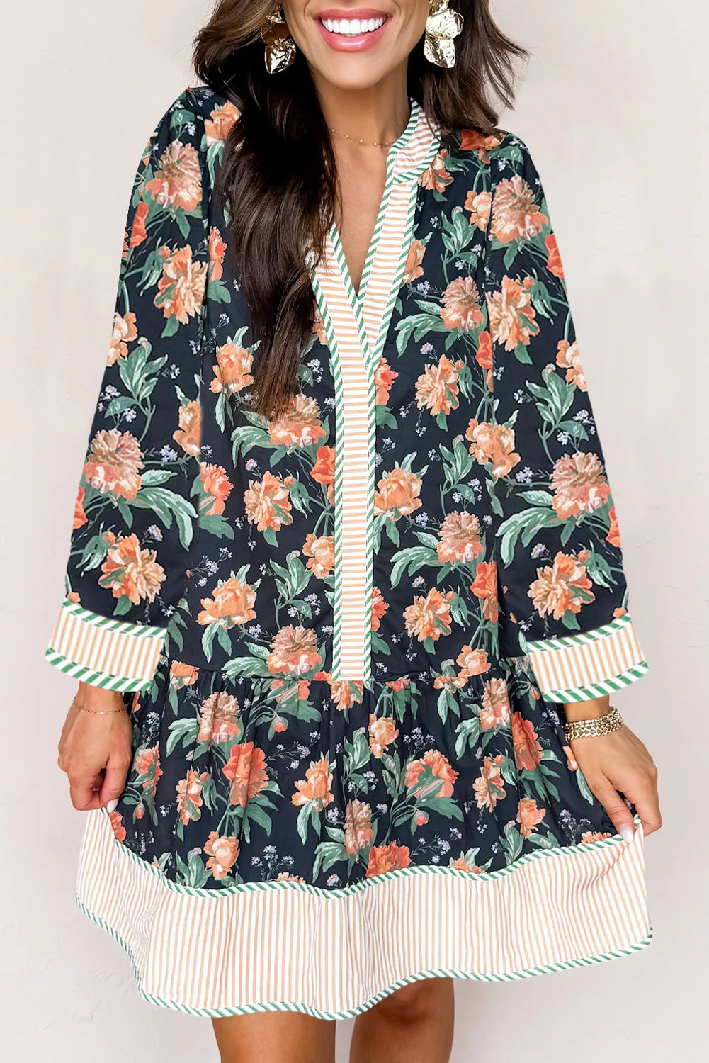 Blue Floral Striped Trim V-Neck Long Sleeve Ruffle Mini Dress