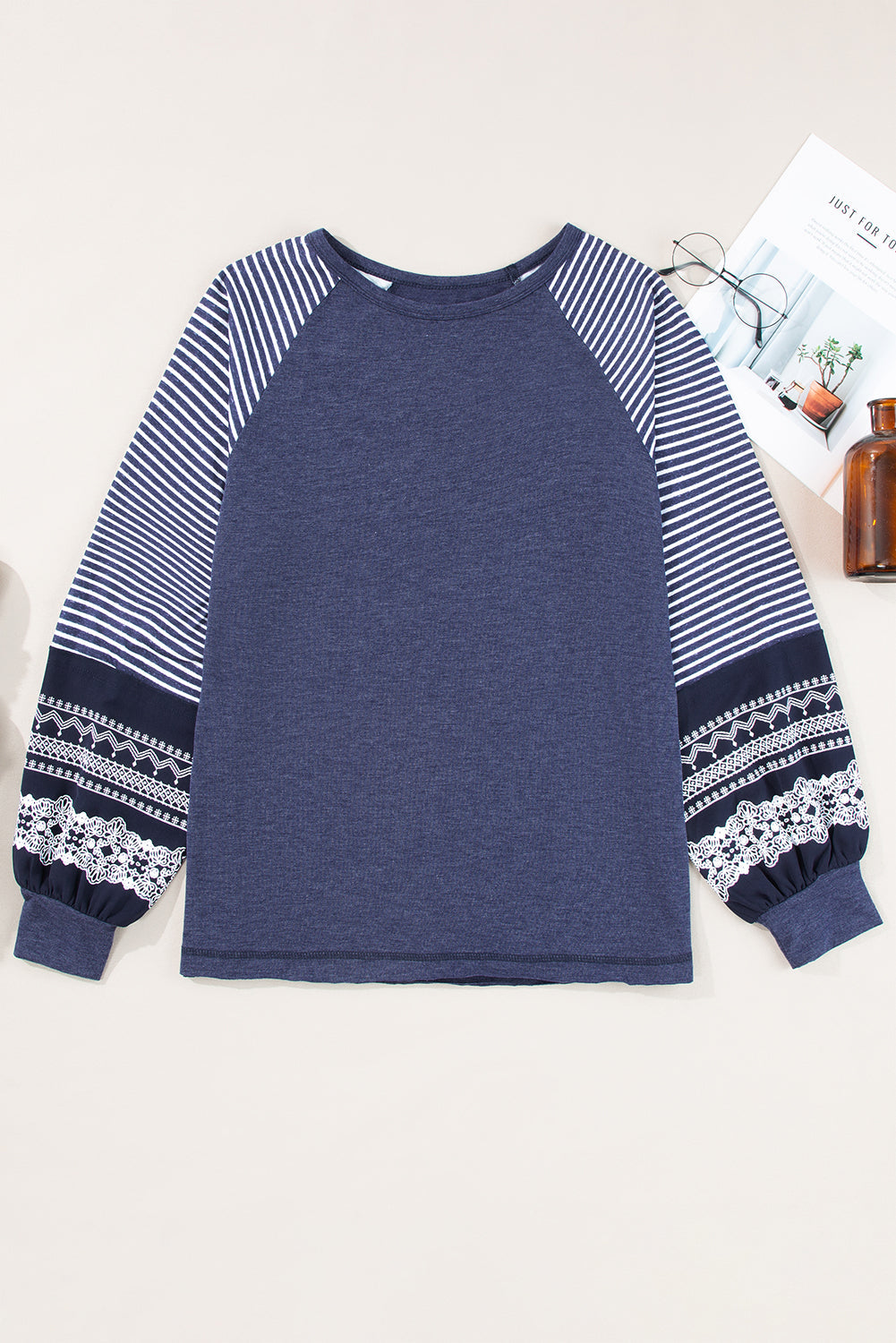 Women Burgundy Striped Raglan Long Sleeve Loose Fit Casual Top