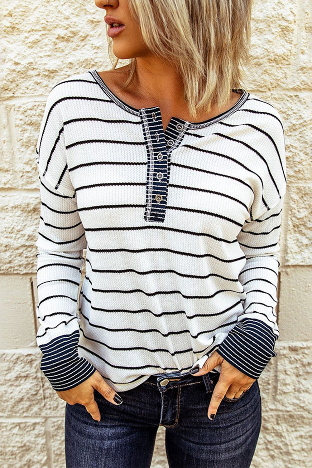 Stripe Waffle Knit Buttoned Henley Top