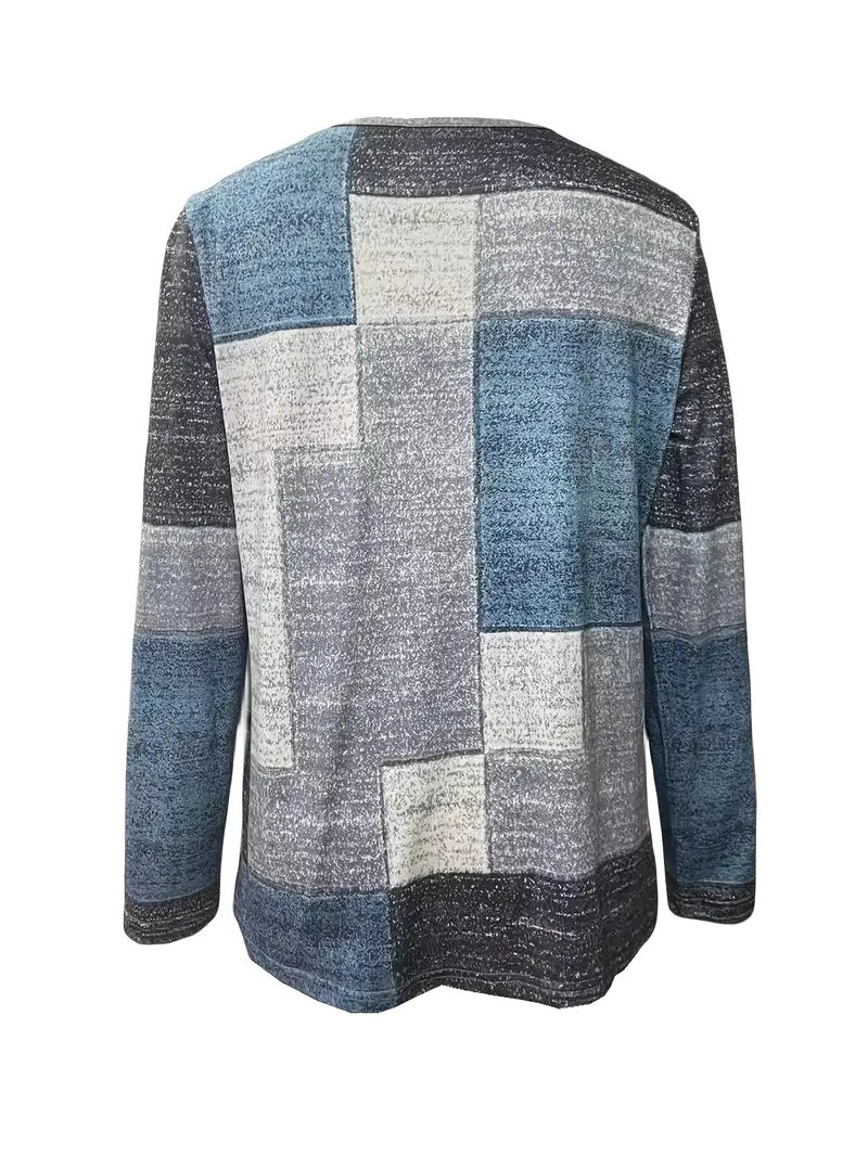 Women’s Blue Patchwork Long Sleeve Button Detail Casual Top - Image 3