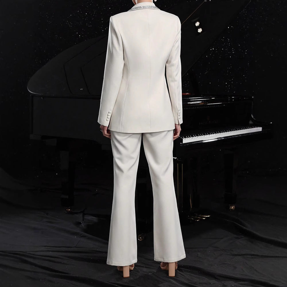 Women's White Hollow-Out Blazer and Wide Leg Trouser Set - Image 2