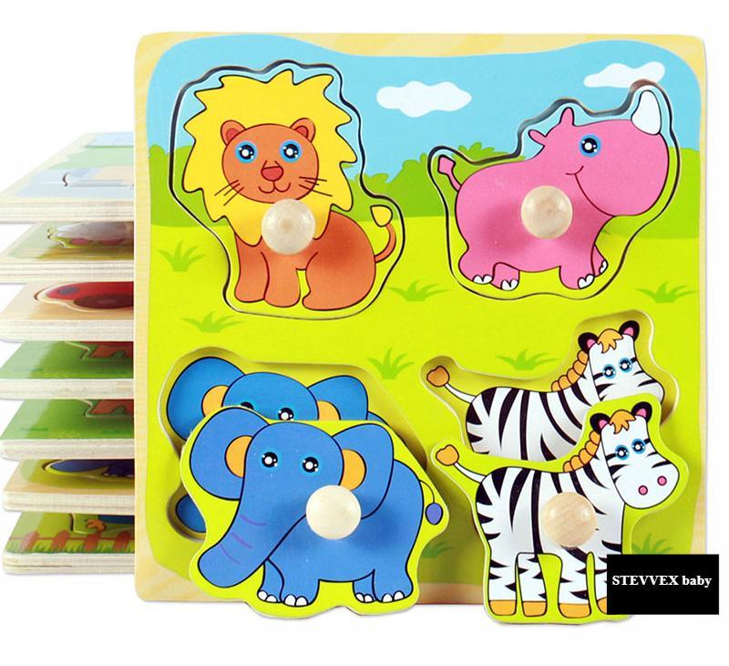 Multicolor wooden animal and fruit grab board puzzle for toddler early education
