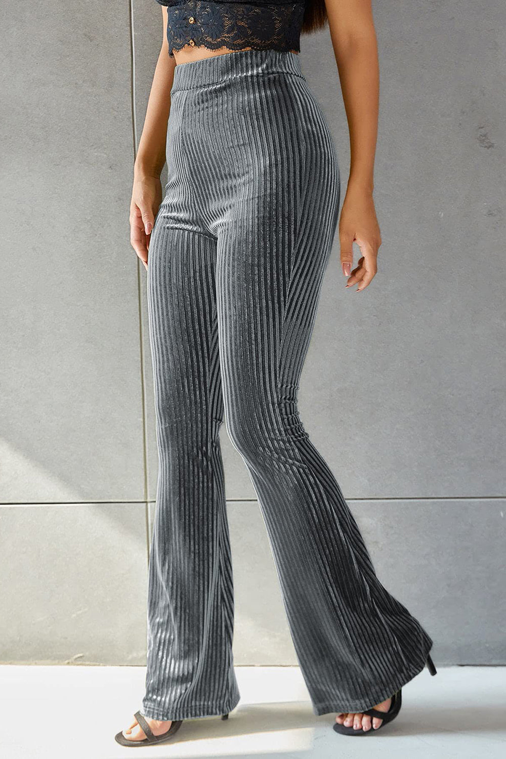 Ribbed High Waist Flare Pants in Grey Velvet
